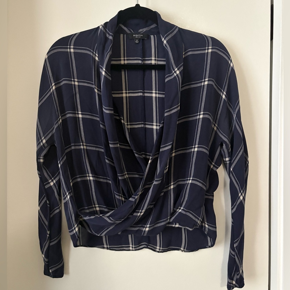 Babaton Navy Checkered Silk Drape Blouse